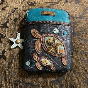 Chala Teal and Brown Crossbody Bag with Turtle and Starfish